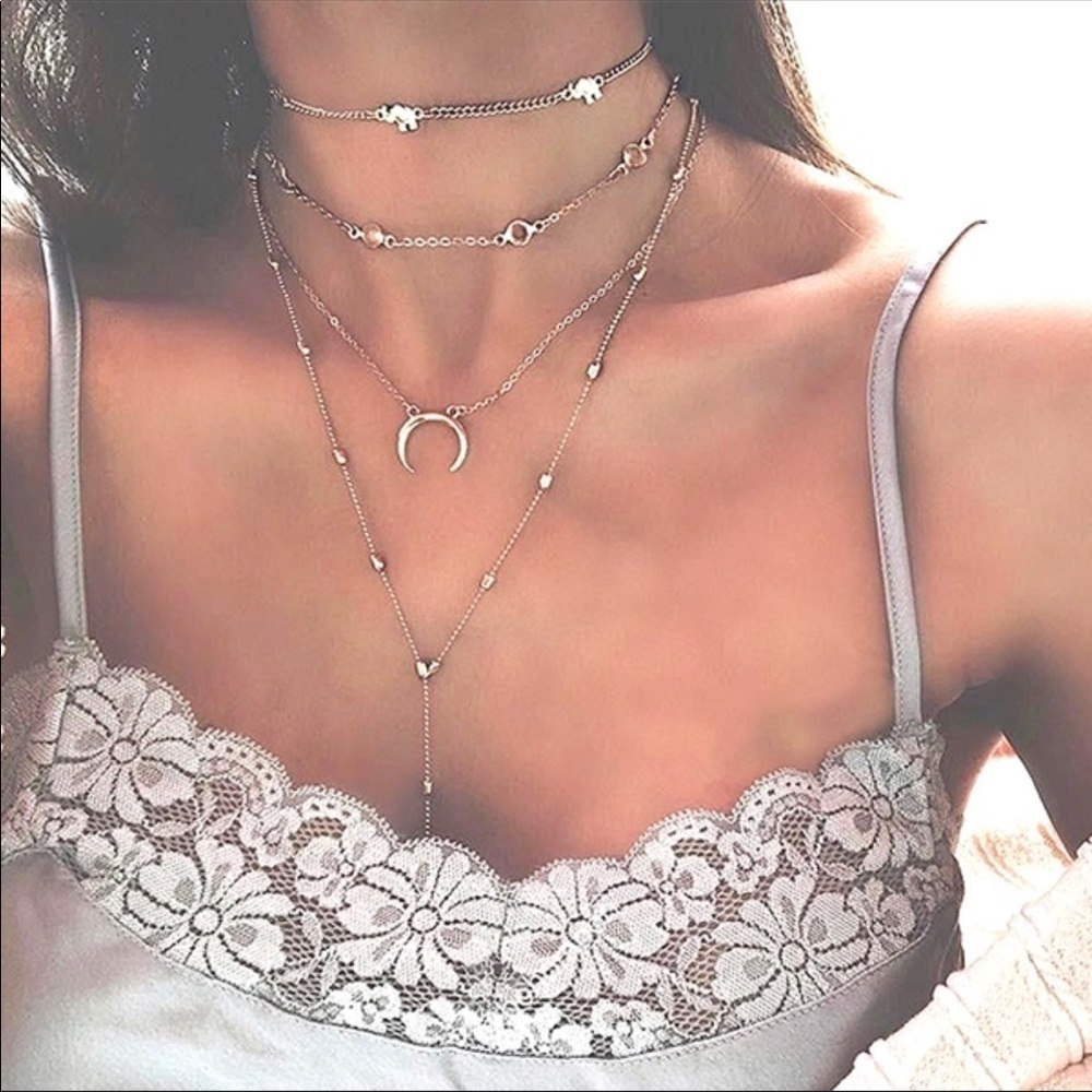 Boho 4 layer elephant charm choker necklace